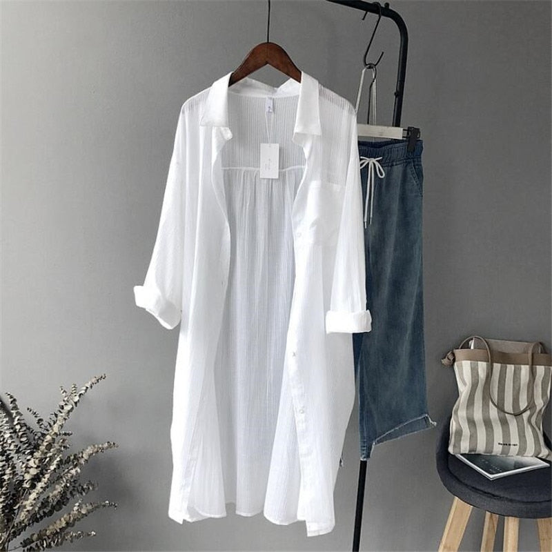 Cotton Casual White Long Blouse Women 2019 Autumn Women Long Sleeve White Shirts Blouse High quality loose Blouse Tops