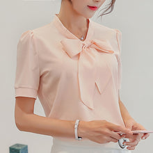 Load image into Gallery viewer, 2019 Women Short Sleeve Korean style Blouse Female Chiffon bow-knot Casual Solid Colours Ladies Shirts Plus Size Women Clothing
