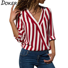 Load image into Gallery viewer, Women Striped Blouse V-neck Long Sleeve Blouses Shirts Casual Tops Work Wear Chiffon Shirt Plus Size Blusas Mujer De Moda 2020
