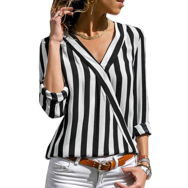 Women Striped Blouse V-neck Long Sleeve Blouses Shirts Casual Tops Work Wear Chiffon Shirt Plus Size Blusas Mujer De Moda 2020