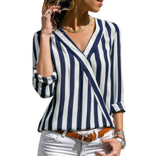 Load image into Gallery viewer, Women Striped Blouse V-neck Long Sleeve Blouses Shirts Casual Tops Work Wear Chiffon Shirt Plus Size Blusas Mujer De Moda 2020
