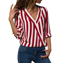 Load image into Gallery viewer, Women Striped Blouse V-neck Long Sleeve Blouses Shirts Casual Tops Work Wear Chiffon Shirt Plus Size Blusas Mujer De Moda 2020
