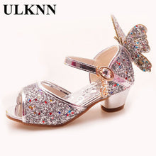 Load image into Gallery viewer, ULKNN Girls Sandals Rhinestone Butterfly pink Latin dance shoes 5-13 years old 6 children 7 summer high Heel Princess shoes kids
