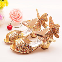 Load image into Gallery viewer, ULKNN Girls Sandals Rhinestone Butterfly pink Latin dance shoes 5-13 years old 6 children 7 summer high Heel Princess shoes kids
