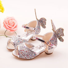 Load image into Gallery viewer, ULKNN Girls Sandals Rhinestone Butterfly pink Latin dance shoes 5-13 years old 6 children 7 summer high Heel Princess shoes kids
