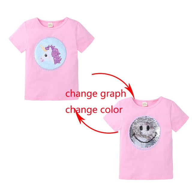 Summer Girls T-Shirts Clothing 1pcs Magic Sequin Change graph Elsa And Anna Cotton Children Casual Fashion T Shirt Kids Tops Tee