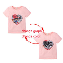 Load image into Gallery viewer, Summer Girls T-Shirts Clothing 1pcs Magic Sequin Change graph Elsa And Anna Cotton Children Casual Fashion T Shirt Kids Tops Tee
