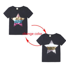 Load image into Gallery viewer, Summer Girls T-Shirts Clothing 1pcs Magic Sequin Change graph Elsa And Anna Cotton Children Casual Fashion T Shirt Kids Tops Tee
