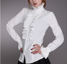 Load image into Gallery viewer, Fashion Victorian Blouses Women OL Office Ladies White Shirt High Neck Frilly Ruffle Cuffs Shirts Female Blouse
