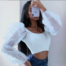 Load image into Gallery viewer, Women Sexy Off Shoulder Ruffles Organza Blouses Long Puff Sleeve Mesh Sheer Crop Top Shirt Off Shoulder Party Sweet Short Blouse
