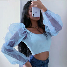 Load image into Gallery viewer, Women Sexy Off Shoulder Ruffles Organza Blouses Long Puff Sleeve Mesh Sheer Crop Top Shirt Off Shoulder Party Sweet Short Blouse
