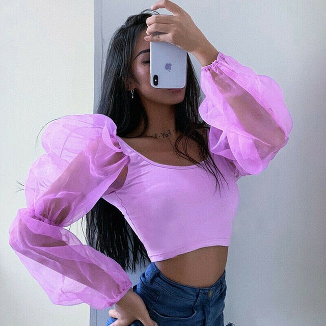 Women Sexy Off Shoulder Ruffles Organza Blouses Long Puff Sleeve Mesh Sheer Crop Top Shirt Off Shoulder Party Sweet Short Blouse