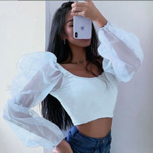 Load image into Gallery viewer, Women Sexy Off Shoulder Ruffles Organza Blouses Long Puff Sleeve Mesh Sheer Crop Top Shirt Off Shoulder Party Sweet Short Blouse
