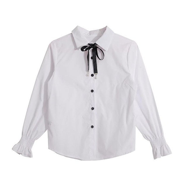 New Cute Bow College Wind Shirt Female Flare Sleeve Women Blouse Harajuku Uniform Shirt Lace Up White Blouses Woman Tops