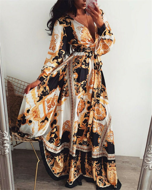 Women Boho Wrap Summer Long Dress Holiday Maxi Loose Sundress Floral Print V-neck Long Sleeve Elegante Dresses Cocktail Party