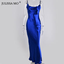 Load image into Gallery viewer, JULISSA MO Sexy Spaghetti Strap Backless Summer Dress Women Satin Lace Up Trumpet Long Dress Elegant Bodycon Party Dresses 2021
