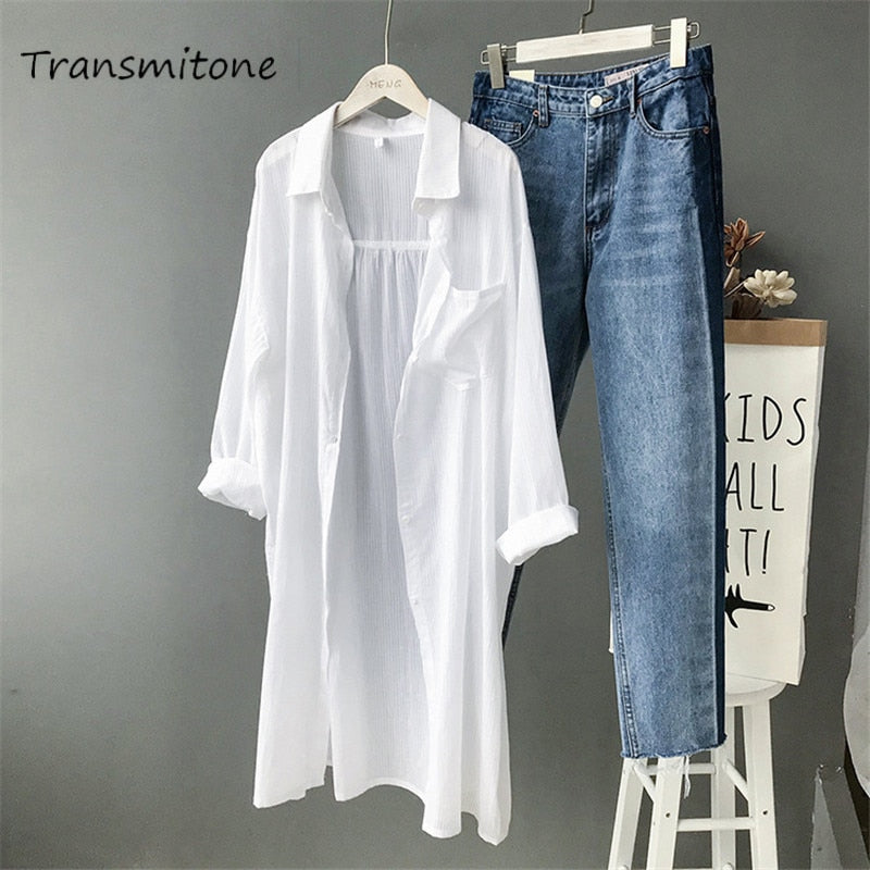 Cotton Women Beach White Long Blouse 2019 Spring Women Long Sleeve Shirts Blouse High quality loose Office Long Blouse Tops