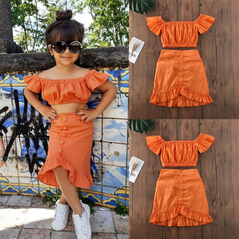 Summer Kids Baby Girls Off Shoulder Crop T-shirt Tops Dress Skirt Outfit Clothes