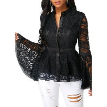 Load image into Gallery viewer, Plus Size Women Mesh Blouse Fashion See-through Lace Long Flare Sleeve Blouse Slim Fits Top Mesh Sheer Blouse Black Shirt Female
