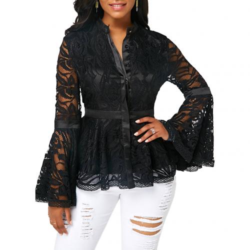 Plus Size Women Mesh Blouse Fashion See-through Lace Long Flare Sleeve Blouse Slim Fits Top Mesh Sheer Blouse Black Shirt Female