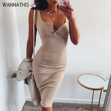 Load image into Gallery viewer, WannaThis Knee-Length Dress Knitted Elastic Sleeveless Bodycon elegant Women 2019 Summer Sexy V-Neck Button Party Slim Dresses
