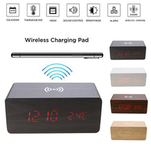 Load image into Gallery viewer, Wooden Electric Alarm Clock with Wireless Charging Pad LED Digital Charger for Bedroom Digital Home Decoration
