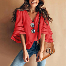 Load image into Gallery viewer, Women&#39;s Blouses V-Neck Flared Sleeves Mesh Patchwork Shirts Summer Plus Size Casual Loose Mesh Women Blouse Solid Red Tops 5XL
