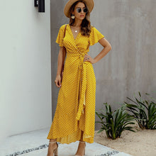 Load image into Gallery viewer, Summer Maxi Dress Women Polka Dot Sexy V Neck Ruffles Short Sleeve Holiday Long Beach Sundress Ladies Lace Up Wrap Party Dresses
