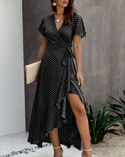 Load image into Gallery viewer, Summer Maxi Dress Women Polka Dot Sexy V Neck Ruffles Short Sleeve Holiday Long Beach Sundress Ladies Lace Up Wrap Party Dresses
