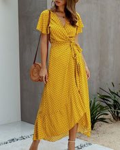 Load image into Gallery viewer, Summer Maxi Dress Women Polka Dot Sexy V Neck Ruffles Short Sleeve Holiday Long Beach Sundress Ladies Lace Up Wrap Party Dresses
