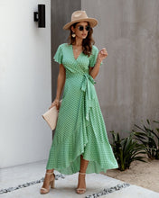 Load image into Gallery viewer, Summer Maxi Dress Women Polka Dot Sexy V Neck Ruffles Short Sleeve Holiday Long Beach Sundress Ladies Lace Up Wrap Party Dresses
