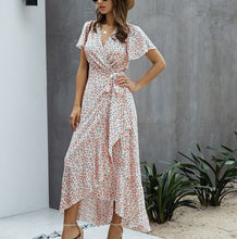 Load image into Gallery viewer, Summer Maxi Dress Women Polka Dot Sexy V Neck Ruffles Short Sleeve Holiday Long Beach Sundress Ladies Lace Up Wrap Party Dresses
