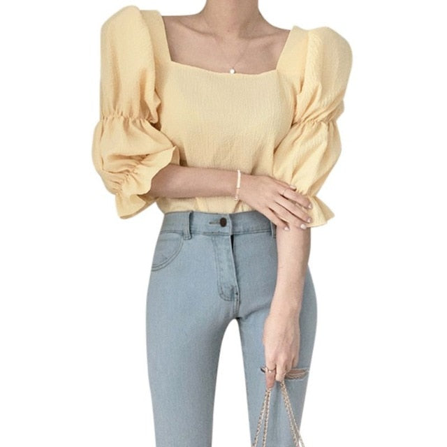 Vintage Puff Sleeve Blouse Square Neck Women Shirts Tops Sexy Slim Women Blouse