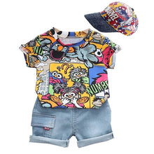 Load image into Gallery viewer, Cool Kid Boys Summer Clothes Outfit With Sunhat Fashion Graffiti Short-sleeved T-shirt Denim Shorts Set Children Pants  Clothing
