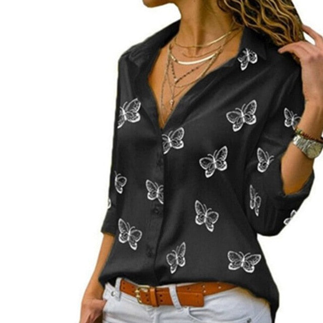 2020 New Fashion Butterfly Print Women Blouses Long Sleeve Turn-down Collar Blouse Shirt Casual Tops Elegant Work Shirt