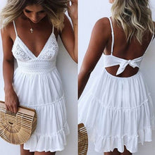 Load image into Gallery viewer, Summer Women Summer Dress Sexy Bow Backless V-neck Mini Beach Dresses Sleeveless Mini Ruffle White Summer Beach Dress
