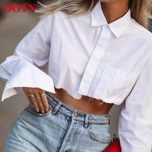 Load image into Gallery viewer, OOTN White Sexy Crop Top Long Sleeve Women Blouse Shirt Cotton Solid Asymmetrical Hem Casual Top Female Blouse Button Bown
