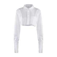 Load image into Gallery viewer, OOTN White Sexy Crop Top Long Sleeve Women Blouse Shirt Cotton Solid Asymmetrical Hem Casual Top Female Blouse Button Bown
