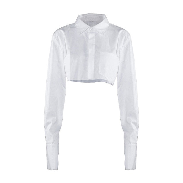 OOTN White Sexy Crop Top Long Sleeve Women Blouse Shirt Cotton Solid Asymmetrical Hem Casual Top Female Blouse Button Bown