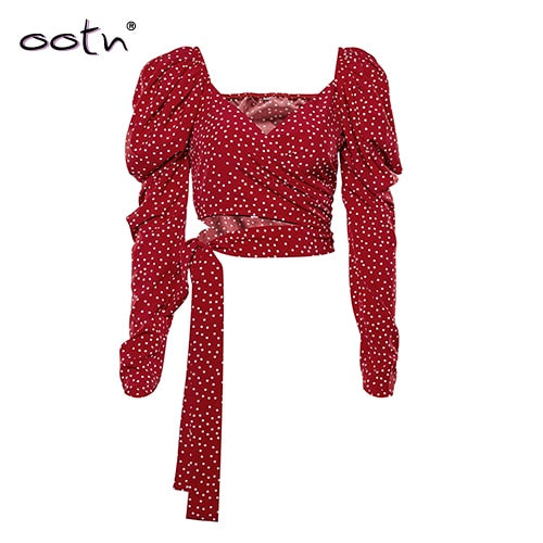 Sexy Crop Top Backless Polka Dot Shirts Women 2020 Lace Up Red V-Neck Puff Sleeve Woven Women's Blouse Autumn Summer Streetwear