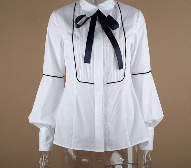 Office Bow Tie Blouse Women Lantern Sleeve White Button Necktie Shirts Female Elegant Work Shirt Casual Tops New 2021 Spring