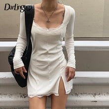 Load image into Gallery viewer, Darlingaga Square Neck Lace Patchwork Bodycon Black Dress Women Elegant Cotton Fashion Side Split Autumn Dress Mini Ladies Basic
