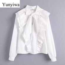 Load image into Gallery viewer, Women Sweet Bow Tied Cascading Ruffles White Blouse Stand Collar Agaric Lace Smock Shirt Femininas Chic Blusas Tops
