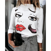 Load image into Gallery viewer, Autumn Women Blouse Shirts Cute Eyes Lips Print Casual Stand Neck Elegant Pullover Tops Lady Fashion Long Sleeve Blusa Sexy Top
