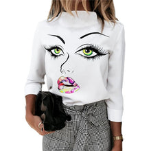 Load image into Gallery viewer, Autumn Women Blouse Shirts Cute Eyes Lips Print Casual Stand Neck Elegant Pullover Tops Lady Fashion Long Sleeve Blusa Sexy Top
