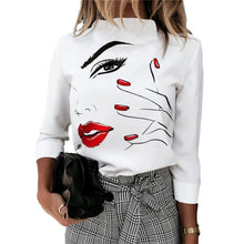 Load image into Gallery viewer, Autumn Women Blouse Shirts Cute Eyes Lips Print Casual Stand Neck Elegant Pullover Tops Lady Fashion Long Sleeve Blusa Sexy Top
