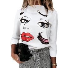 Load image into Gallery viewer, Autumn Women Blouse Shirts Cute Eyes Lips Print Casual Stand Neck Elegant Pullover Tops Lady Fashion Long Sleeve Blusa Sexy Top
