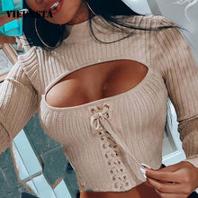 Load image into Gallery viewer, Sexy Off Shoulder Cut Off Patchwork Spring Shirts 2020 Women Hollow Out O Neck Elegant Blouse Autumn Long Sleeve Rib Tops Blusas
