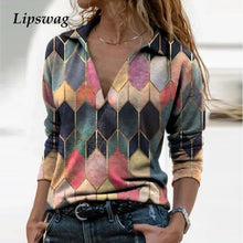 Load image into Gallery viewer, Women Vintage Geometric Print Blouse Shirt Spring Autumn Casual Long Sleeve Pullover Tops Ladies 3XL Elegant V Neck Loose Blusa
