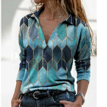 Load image into Gallery viewer, Women Vintage Geometric Print Blouse Shirt Spring Autumn Casual Long Sleeve Pullover Tops Ladies 3XL Elegant V Neck Loose Blusa
